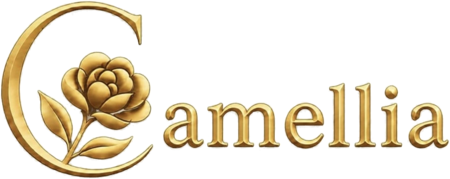 Camellia Logo mit goldenem C und Kamelienblüte