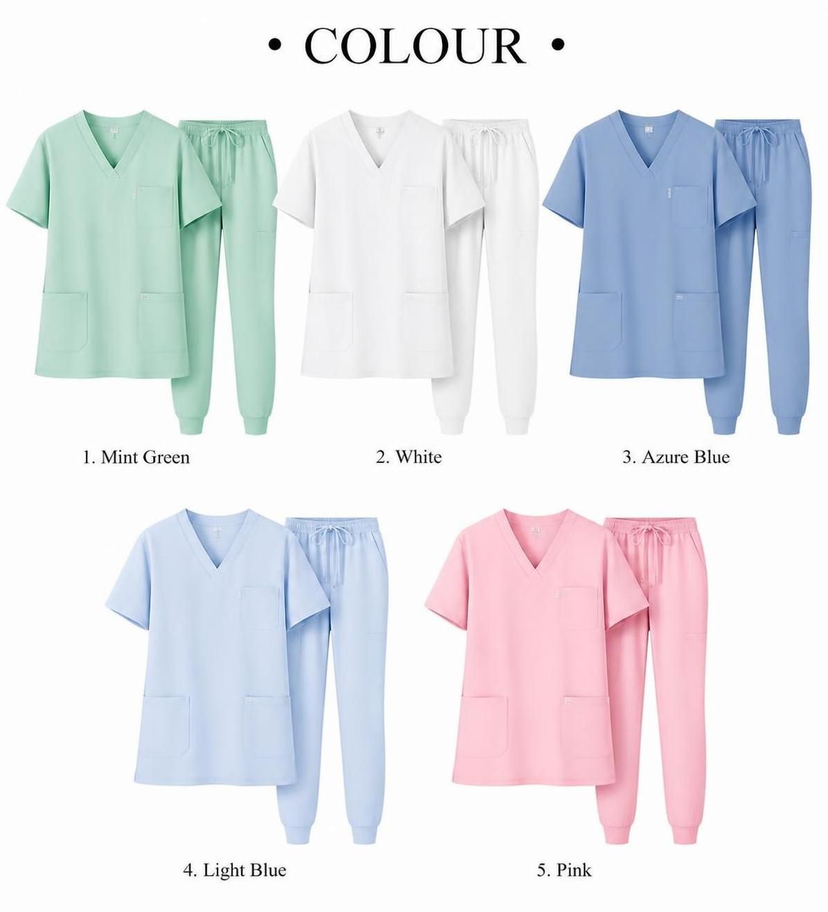 Farbkarte der CAMELLIA-Scrub-Sets: Mintgrün, Weiß, Azurblau, Hellblau und Rosa
