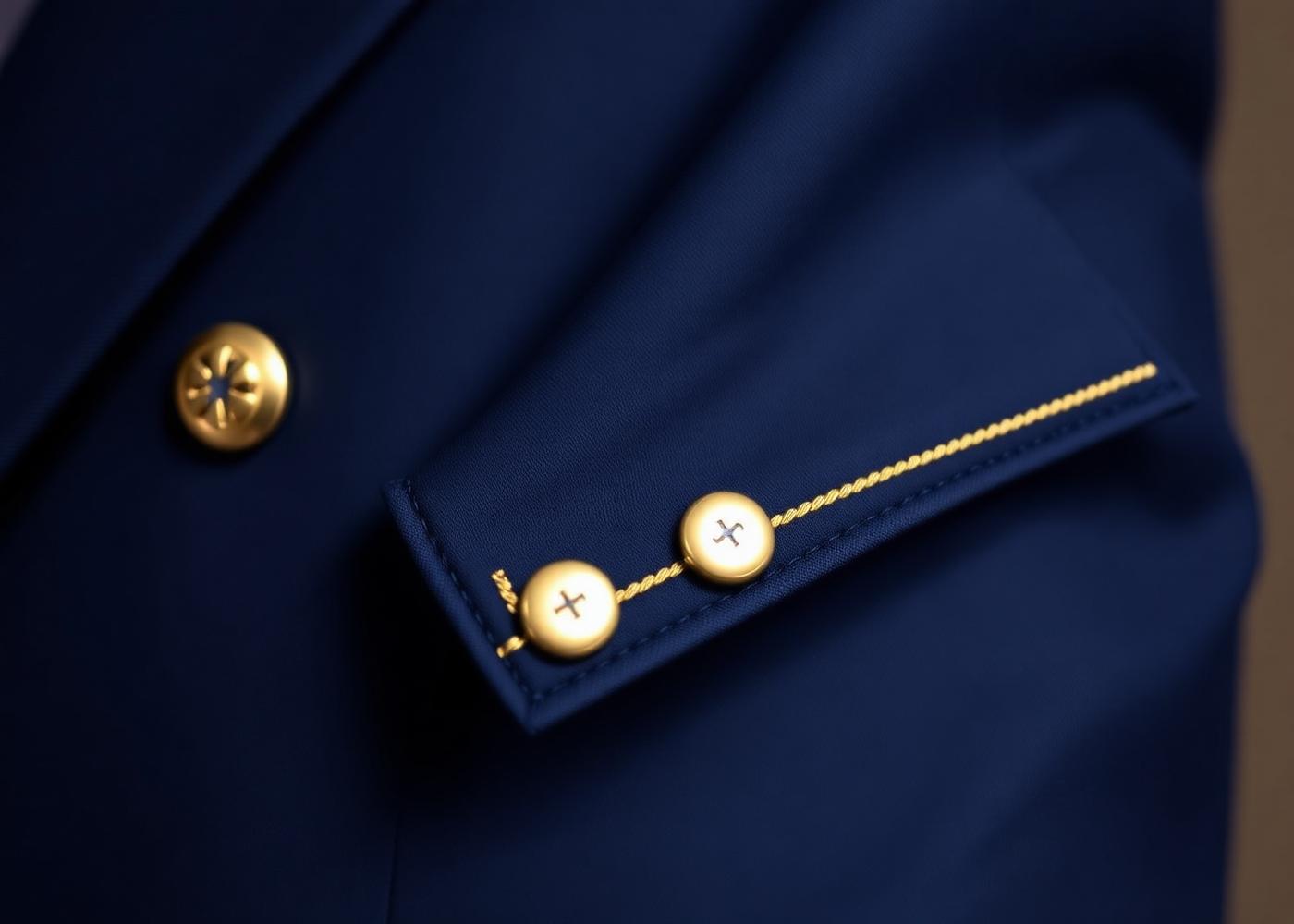Detail einer marineblauen CAMELLIA-Uniformjacke mit goldener Stickerei und Messingknöpfen