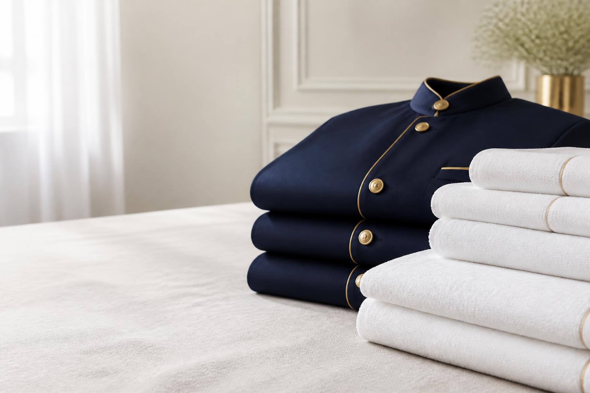 Gefaltete marineblaue Uniformjacken mit goldenen Knöpfen neben weißen Premium-Baumwollhandtüchern