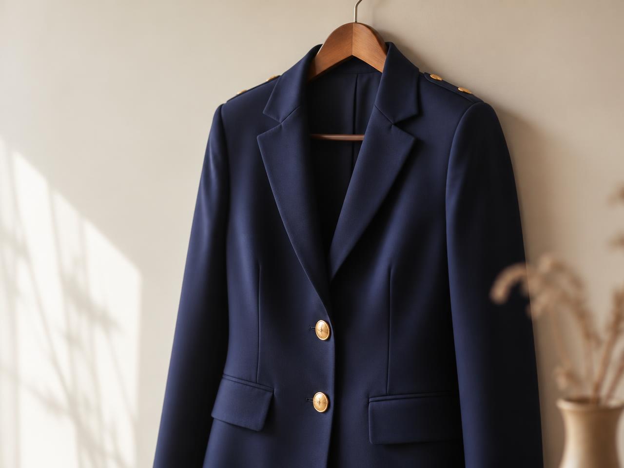 Maßgeschneiderte marineblaue CAMELLIA-Uniformjacke mit goldenen Knöpfen auf einem Holzbügel